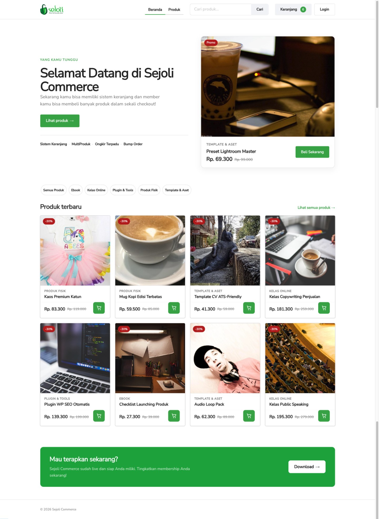 Halaman depan toko Sejoli Commerce